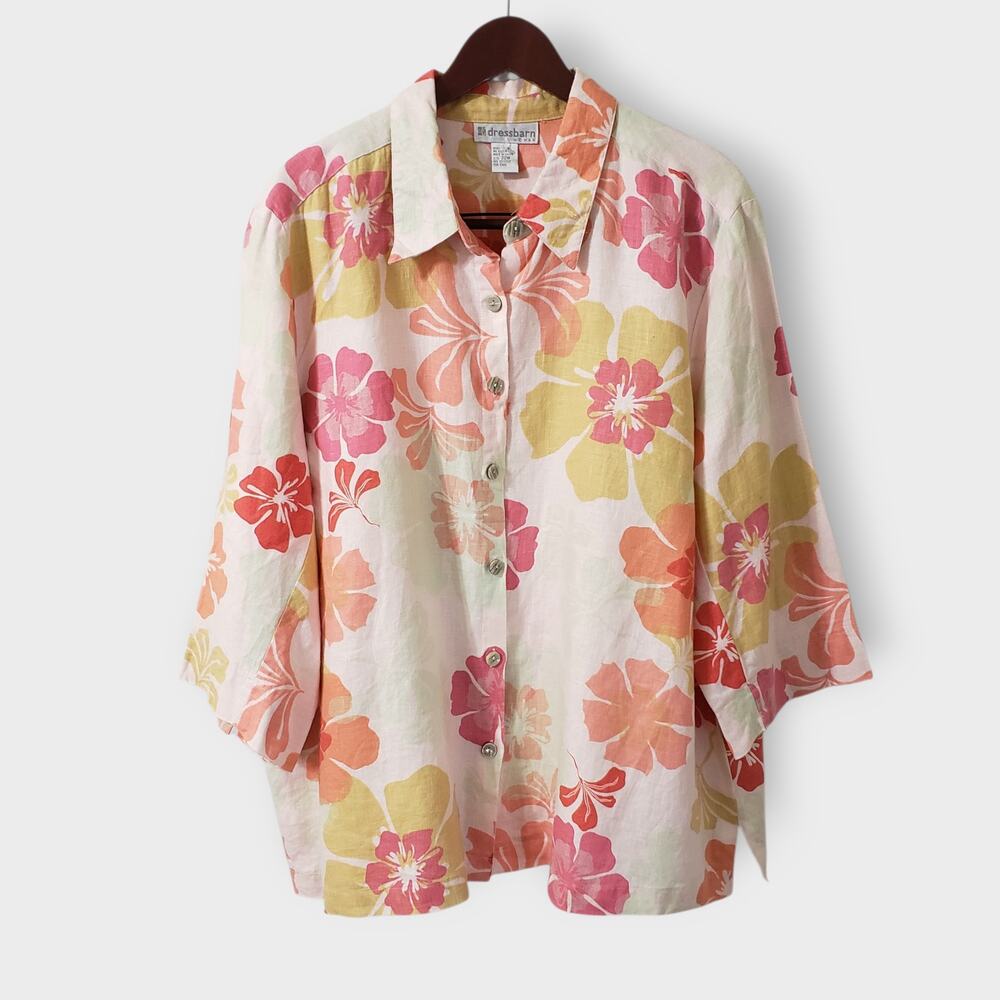 Dress Barn 22W Pink Floral Linen Button Up Shirt 3/4 Sleeve Summer Lightweight‎
